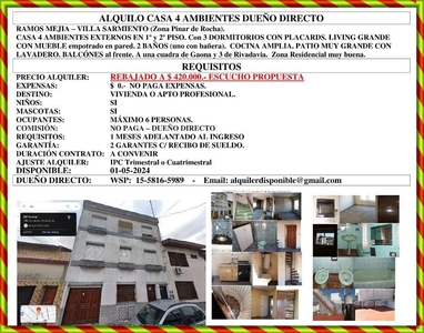 Casa en Alquiler en Moron - Dueño directo - Toscano 861 Villa Sarmiento Moron - 3 dorm - 4 amb - 120 m2 - 120 m2 tot.